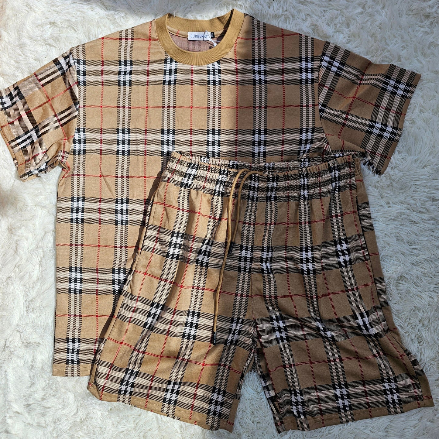 Burb Beige Plaid Short Set